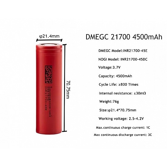 21700 DMEGC 3.7V 4500mAh Lithium Ion Cell