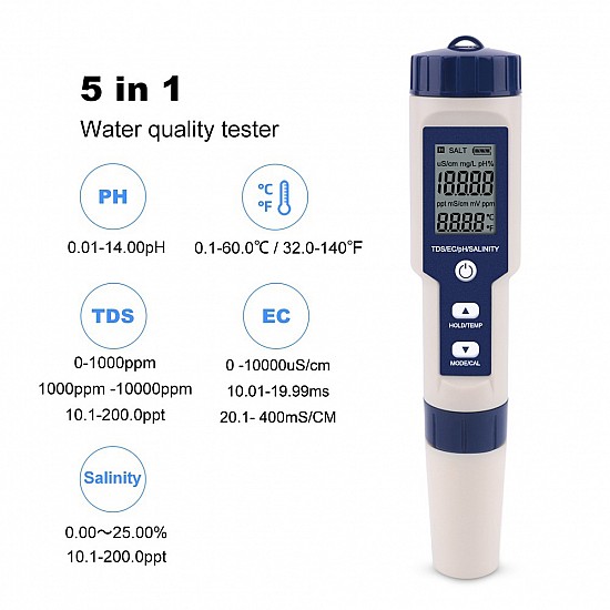 EZ9909 pH/TDS/EC/Salinity/Temperature 5-in-1 Pen-type Digital Water Quality Tester