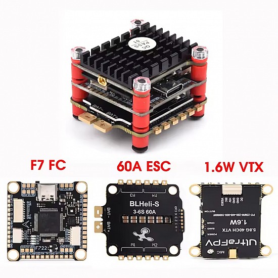 F722  Flight Controller With 4IN1 60A 3-6S Brushless ESC & 1.6W 5.8G JHEMCU VTX